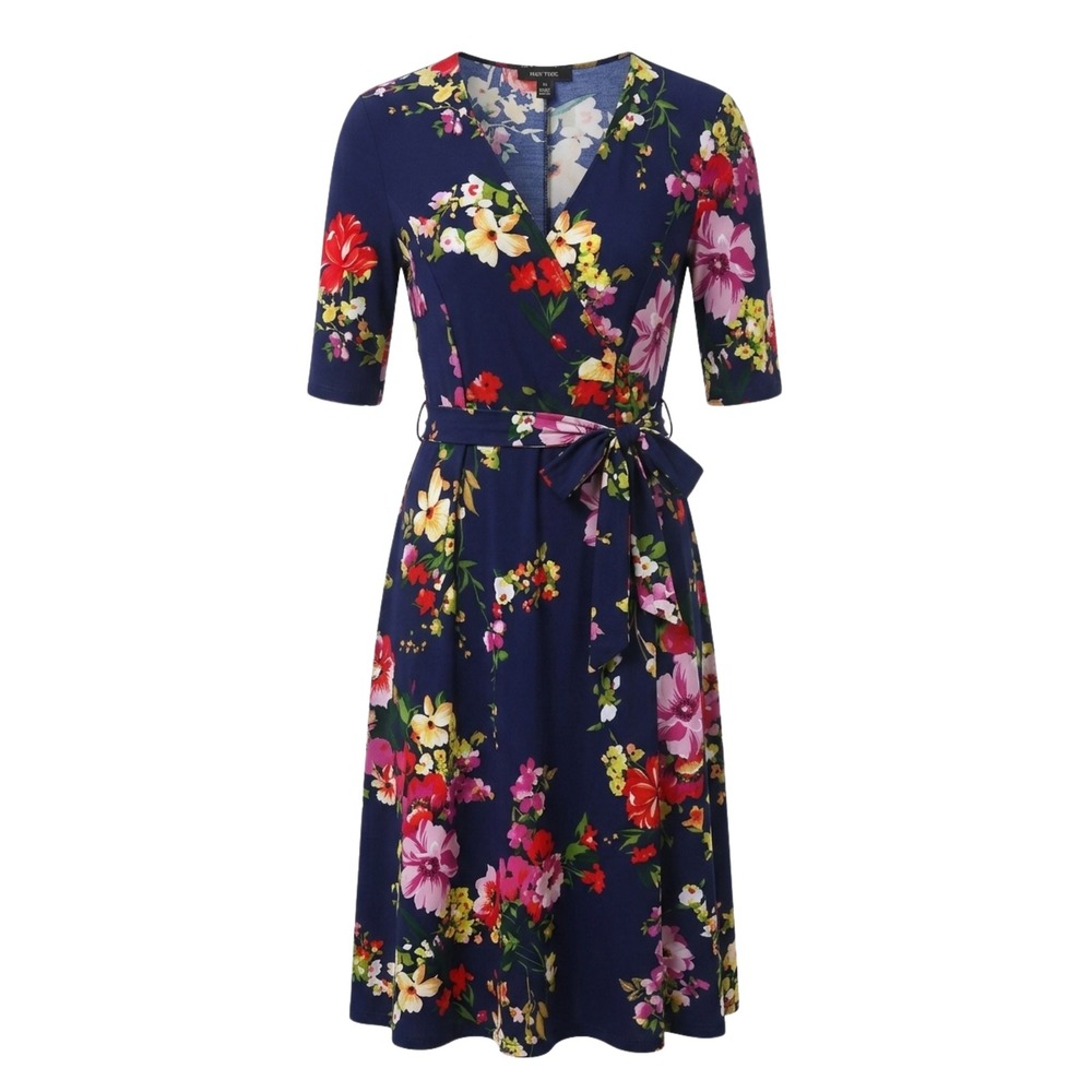 Roz & Ali Navy Floral Faux Wrap Midi Dress Elbow Sleeve XS